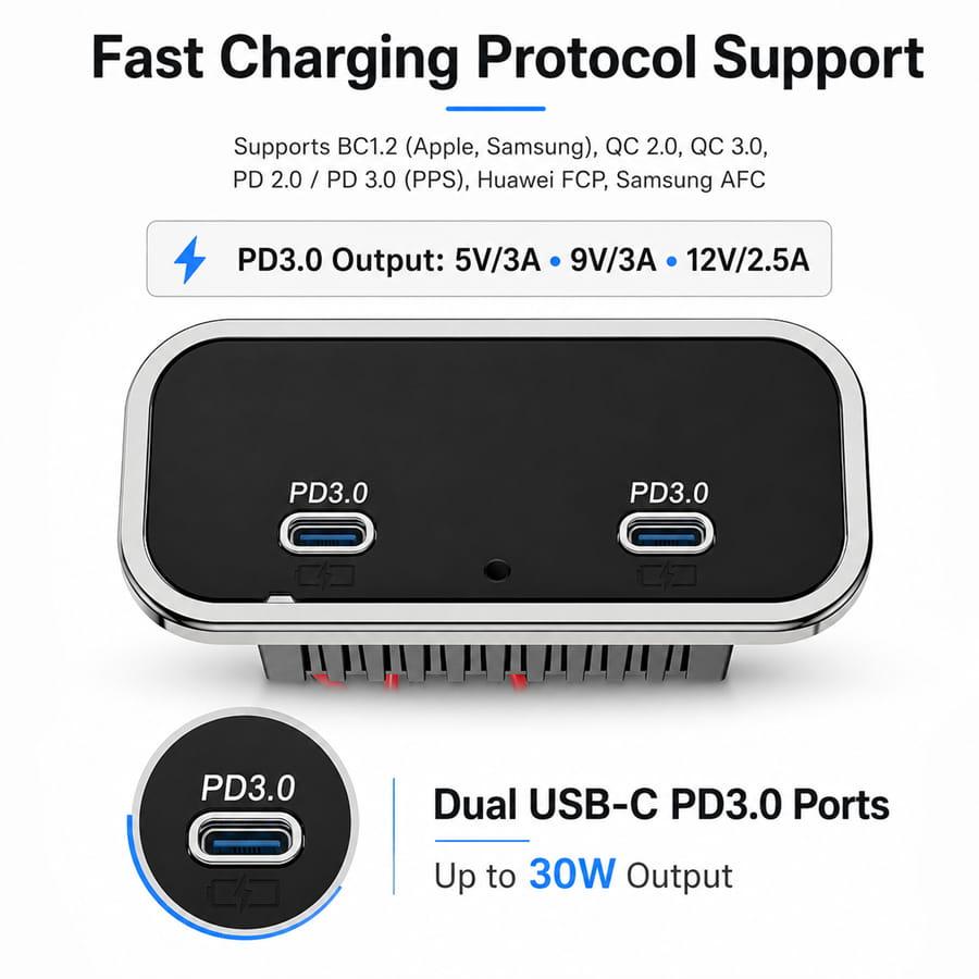 2-Port USB-C PD3.0 Flush Mount Charger Panel – 12V/24V, 30W Fast Charge - Image 2